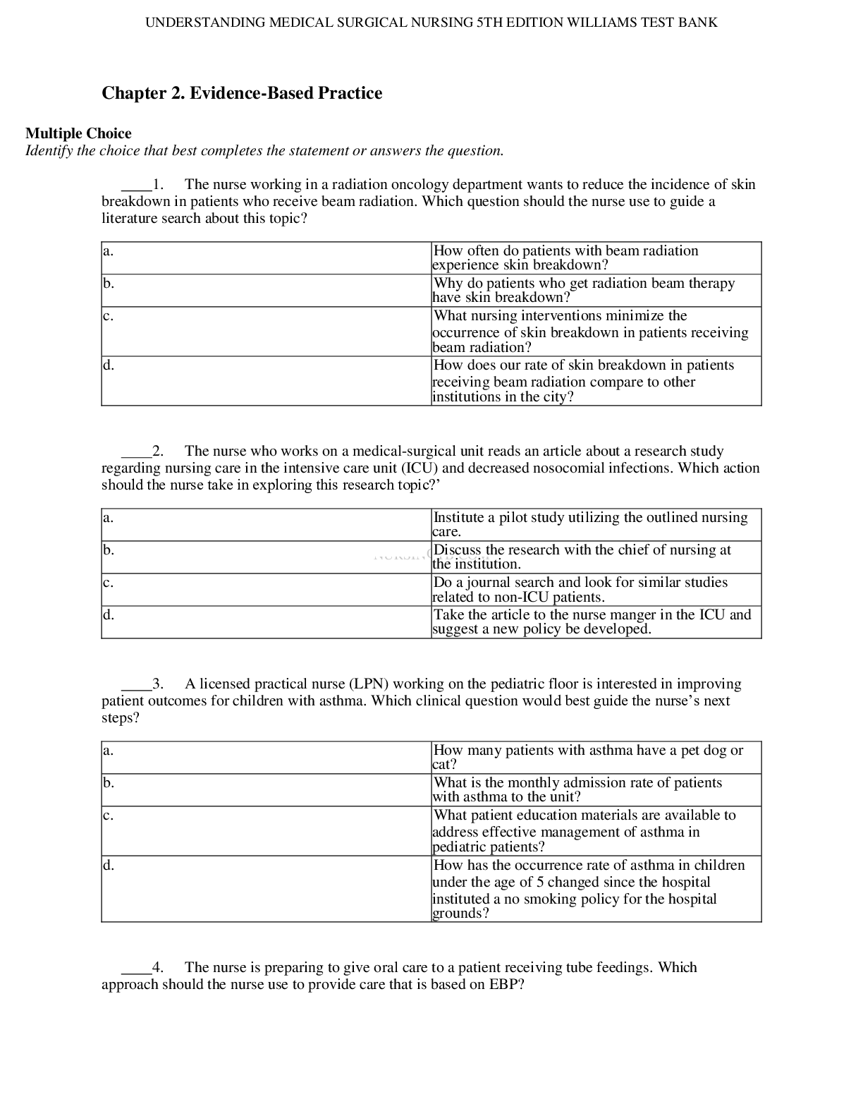 Preview image for TEST BANK FOR UNDERSTANDING MEDICAL SURGICAL NURSING 5TH EDITION BY WILLIAMS.......................................                                   Chapter 2. Evidence-Based Practice
